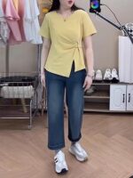 여성용 여름용 대형 라운드넥 불규칙 트위스트 숄더 반팔 티셔츠 뚱뚱한 mm 슬림 시크 패션 허리 탑