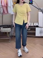 여성용 여름용 대형 라운드넥 불규칙 트위스트 숄더 반팔 티셔츠 뚱뚱한 mm 슬림 시크 패션 허리 탑 - 이미지 2