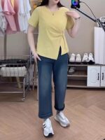 여성용 여름용 대형 라운드넥 불규칙 트위스트 숄더 반팔 티셔츠 뚱뚱한 mm 슬림 시크 패션 허리 탑 - 이미지 3