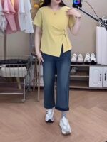 여성용 여름용 대형 라운드넥 불규칙 트위스트 숄더 반팔 티셔츠 뚱뚱한 mm 슬림 시크 패션 허리 탑 - 이미지 4