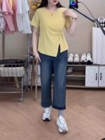 여성용 여름용 대형 라운드넥 불규칙 트위스트 숄더 반팔 티셔츠 뚱뚱한 mm 슬림 시크 패션 허리 탑 - 이미지 5