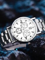 2025년 신상품 패션 시계 남성용 스틸 밴드 쿼츠 시계 비즈니스 캐주얼 방수 발광 3개 눈 6개 바늘