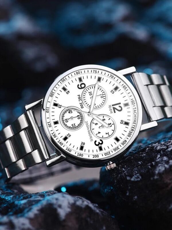 2025년 신상품 패션 시계 남성용 스틸 밴드 쿼츠 시계 비즈니스 캐주얼 방수 발광 3개 눈 6개 바늘