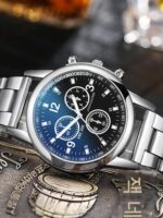 2025년 신상품 패션 시계 남성용 스틸 밴드 쿼츠 시계 비즈니스 캐주얼 방수 발광 3개 눈 6개 바늘 - 이미지 4