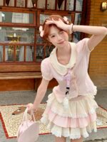 신신걸 토끼미안미안 2025 짱 예쁜 슈트 여름 핑크 히트 셔츠 + 크림 옐로우 스커트