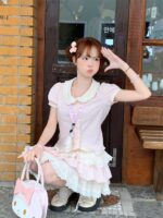 신신걸 토끼미안미안 2025 짱 예쁜 슈트 여름 핑크 히트 셔츠 + 크림 옐로우 스커트 - 이미지 2