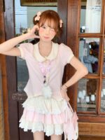 신신걸 토끼미안미안 2025 짱 예쁜 슈트 여름 핑크 히트 셔츠 + 크림 옐로우 스커트 - 이미지 3