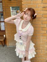 신신걸 토끼미안미안 2025 짱 예쁜 슈트 여름 핑크 히트 셔츠 + 크림 옐로우 스커트 - 이미지 4