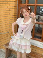 신신걸 토끼미안미안 2025 짱 예쁜 슈트 여름 핑크 히트 셔츠 + 크림 옐로우 스커트 - 이미지 5