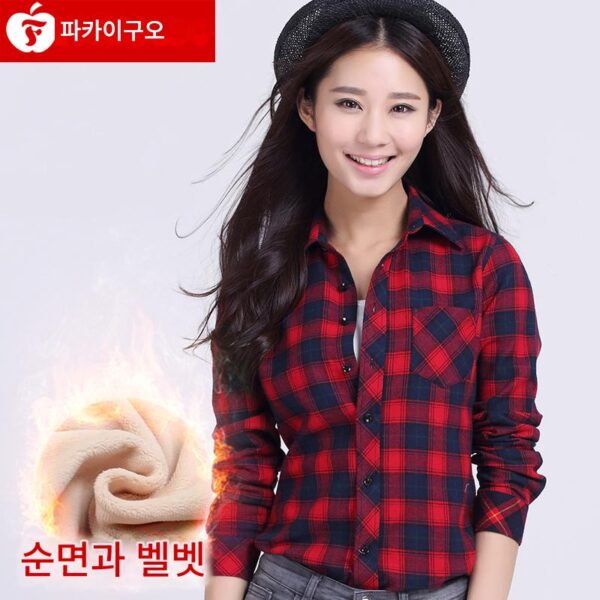 순면 플레드 따뜻한 셔츠 여성 긴팔 인치 가을 겨울 새로운 베이스 플러스 벨벳 두꺼운 슬림핏 대형 사이즈 여성 셔츠