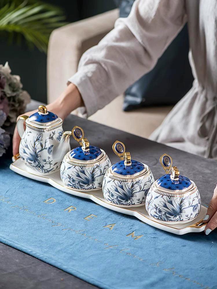 main_626308976094_0 고가치 크리에이티브 가정용 세라믹 조미료 병 오일, 소금, 소스 및 식초 냄비 고급 주방 조미료 상자 보관 조합 세트 - 이미지 1