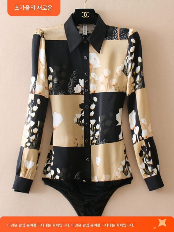 신축성 있는 새틴 안티실크 유럽 및 미국 꽃무늬 쉬폰 탑 셔츠 노출 방지 원피스 고급 셔츠