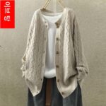 여성용 스웨터 재킷 카디건 짧은 복고풍 문학적 라운드 넥 다용도 캐주얼 긴 니트 스웨터 아우터 봄과 가을