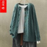 여성용 스웨터 재킷 카디건 짧은 복고풍 문학적 라운드 넥 다용도 캐주얼 긴 니트 스웨터 아우터 봄과 가을 - 이미지 3