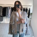 한국적인 시크한 가을 겨울 레트로 V넥 태슬 로우 에지 믹스 컬러 니트 가디건 루즈 롱슬리브 스웨터 재킷 - 이미지 4