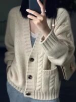 가을 겨울용 100% 순모 카디건 여성용 V넥 케이블 니트 두꺼운 스웨터 루즈한 레이지 니트 코트 맞춤 제작 가능