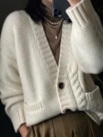 가을 겨울용 100% 순모 카디건 여성용 V넥 케이블 니트 두꺼운 스웨터 루즈한 레이지 니트 코트 맞춤 제작 가능 - 이미지 3