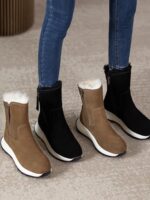 클리어런스 세일] 모피와 가죽 소재의 여성용 겨울 스노우 부츠, 벨벳과 두꺼운 밑창의 방수 앵클 부츠, 짧은 튜브 코튼 슈즈