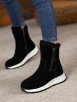 클리어런스 세일] 모피와 가죽 소재의 여성용 겨울 스노우 부츠, 벨벳과 두꺼운 밑창의 방수 앵클 부츠, 짧은 튜브 코튼 슈즈 - 이미지 4