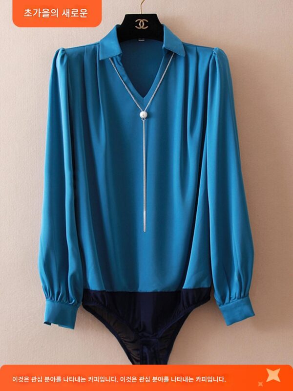 프랑스 우아한 여성 패션 고급 새틴 시뮬레이션 실크처럼 부드럽고 광택이 나는 V넥 쉬폰 셔츠 원피스 셔츠 단색