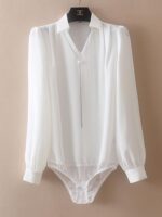 프랑스 우아한 여성 패션 고급 새틴 시뮬레이션 실크처럼 부드럽고 광택이 나는 V넥 쉬폰 셔츠 원피스 셔츠 단색 - 이미지 2