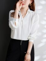 프랑스 우아한 여성 패션 고급 새틴 시뮬레이션 실크처럼 부드럽고 광택이 나는 V넥 쉬폰 셔츠 원피스 셔츠 단색 - 이미지 3