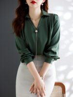 프랑스 우아한 여성 패션 고급 새틴 시뮬레이션 실크처럼 부드럽고 광택이 나는 V넥 쉬폰 셔츠 원피스 셔츠 단색 - 이미지 4