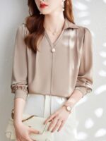 프랑스 우아한 여성 패션 고급 새틴 시뮬레이션 실크처럼 부드럽고 광택이 나는 V넥 쉬폰 셔츠 원피스 셔츠 단색 - 이미지 5