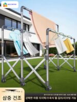 스테인리스 스틸 마당 옷 건조대 바닥 접이식 야외 방풍 지붕 마당 옷 건조대 옥상 이불 건조 유물