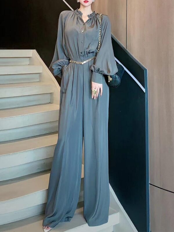 유능한 기질 여성 의류 고급 기질 사교계 명사 배 모양 몸매 날씬한 작은 향기 스타일 회색 새틴 점프수트 가을