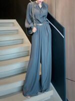 유능한 기질 여성 의류 고급 기질 사교계 명사 배 모양 몸매 날씬한 작은 향기 스타일 회색 새틴 점프수트 가을 - 이미지 2