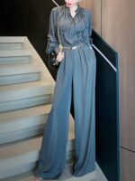 유능한 기질 여성 의류 고급 기질 사교계 명사 배 모양 몸매 날씬한 작은 향기 스타일 회색 새틴 점프수트 가을 - 이미지 3