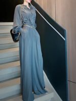 유능한 기질 여성 의류 고급 기질 사교계 명사 배 모양 몸매 날씬한 작은 향기 스타일 회색 새틴 점프수트 가을 - 이미지 4