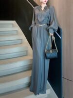 유능한 기질 여성 의류 고급 기질 사교계 명사 배 모양 몸매 날씬한 작은 향기 스타일 회색 새틴 점프수트 가을 - 이미지 5