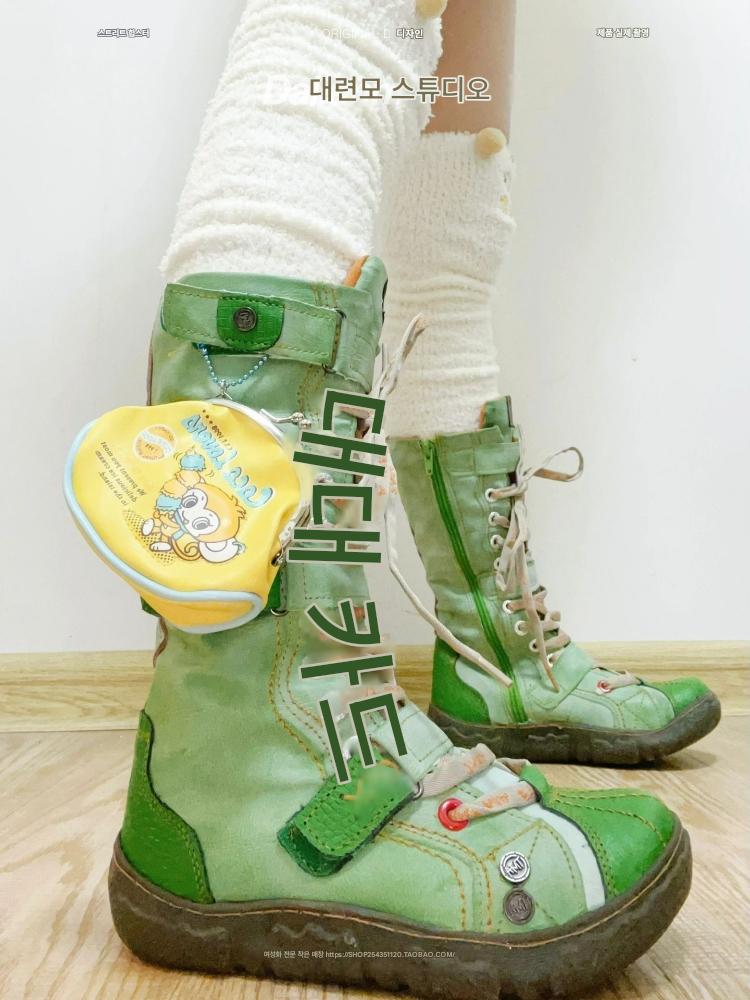 main_727560492242_0 녹색 멀티 스티칭 롱 부츠 여성용 Y2K 니치 하이 레더 부츠 레트로 부츠 플랫 스티칭 핫걸 부츠 TMA 쿨 - 이미지 1