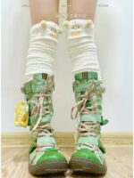 녹색 멀티 스티칭 롱 부츠 여성용 Y2K 니치 하이 레더 부츠 레트로 부츠 플랫 스티칭 핫걸 부츠 TMA 쿨 - 이미지 2