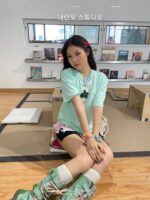 녹색 멀티 스티칭 롱 부츠 여성용 Y2K 니치 하이 레더 부츠 레트로 부츠 플랫 스티칭 핫걸 부츠 TMA 쿨 - 이미지 4