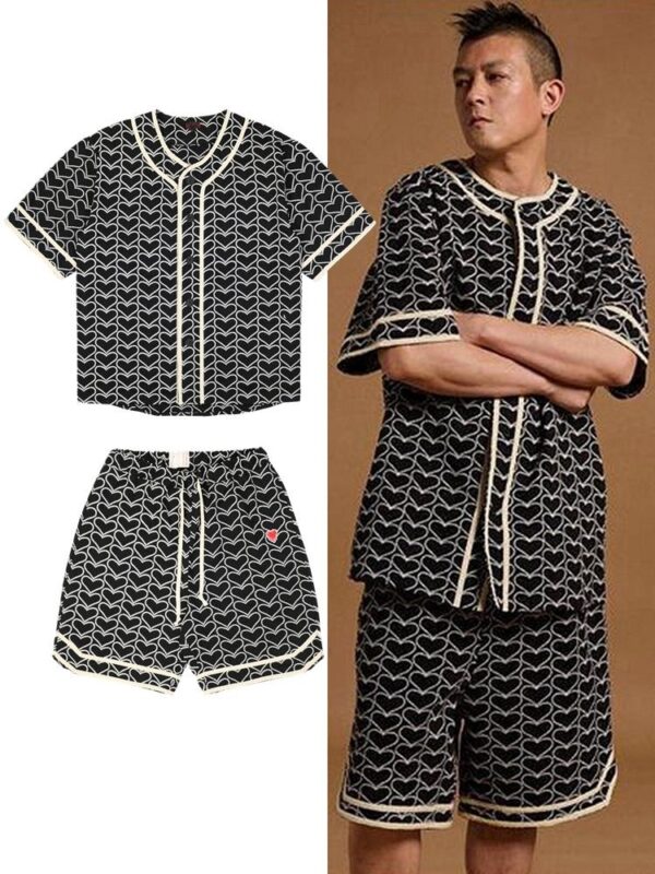 천진 팬 에디슨 천 동일 스타일 트렌디 브랜드 커플 러브 자수 카디건 남성 루즈 캐주얼 여름 반바지 정장 트렌디