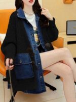 데님 스플라이싱 루즈 가짜 투피스 카디건 여성 가을 ​​의류 2025 새로운 레이지 스타일 탑 중간 길이 스웨터 재킷 - 이미지 2