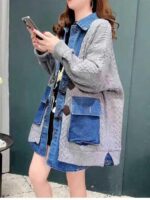 데님 스플라이싱 루즈 가짜 투피스 카디건 여성 가을 ​​의류 2025 새로운 레이지 스타일 탑 중간 길이 스웨터 재킷 - 이미지 3