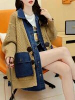 데님 스플라이싱 루즈 가짜 투피스 카디건 여성 가을 ​​의류 2025 새로운 레이지 스타일 탑 중간 길이 스웨터 재킷 - 이미지 4