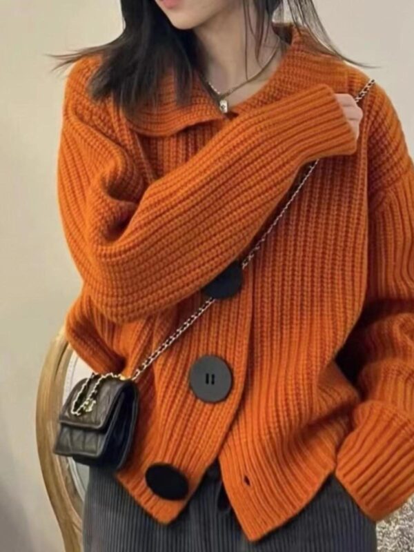 레트로 라펠 오렌지 스웨터 카디건 여성 초가을 루즈 레이지 스타일 코트 니치 디자인 니트 탑 두꺼운