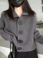 레트로 라펠 오렌지 스웨터 카디건 여성 초가을 루즈 레이지 스타일 코트 니치 디자인 니트 탑 두꺼운 - 이미지 2