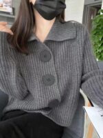 레트로 라펠 오렌지 스웨터 카디건 여성 초가을 루즈 레이지 스타일 코트 니치 디자인 니트 탑 두꺼운 - 이미지 3