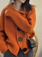레트로 라펠 오렌지 스웨터 카디건 여성 초가을 루즈 레이지 스타일 코트 니치 디자인 니트 탑 두꺼운 - 이미지 4
