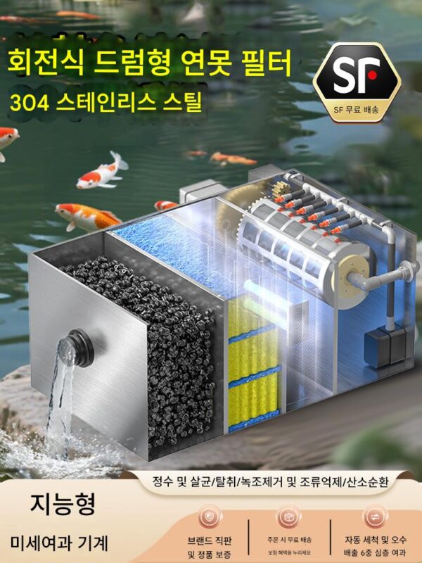 스테인리스 스틸 어류 연못 필터 드럼 미세여과기 물 순환 시스템 코이 연못 필터 역세척 물고기 배설물 분리