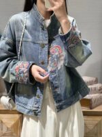 여성용 헤비 자수 데님 재킷 2025년 봄/가을 신상품 레트로 스탠드 칼라 중국식 숏 재킷 최고 트렌드