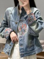여성용 헤비 자수 데님 재킷 2025년 봄/가을 신상품 레트로 스탠드 칼라 중국식 숏 재킷 최고 트렌드 - 이미지 4