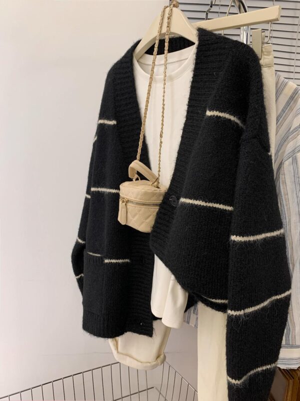 여성용 블랙 스트라이프 V넥 재킷, 고급 레이지 스타일 아우터웨어, 니트 카디건 스웨터 2025년 신상품 초가을