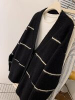 여성용 블랙 스트라이프 V넥 재킷, 고급 레이지 스타일 아우터웨어, 니트 카디건 스웨터 2025년 신상품 초가을 - 이미지 2